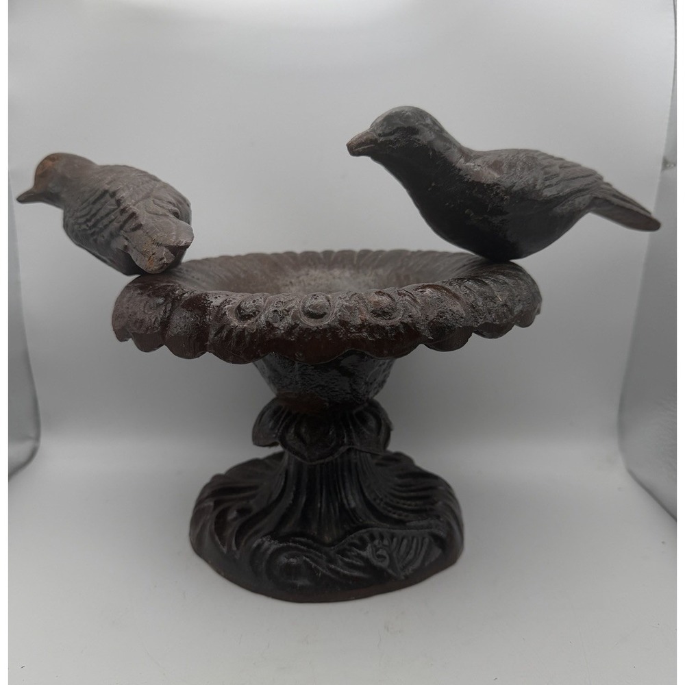 Cast Iron Bird Bath Feeder Garden Decor Pedestal Two Birds Rustic 13" Heavy